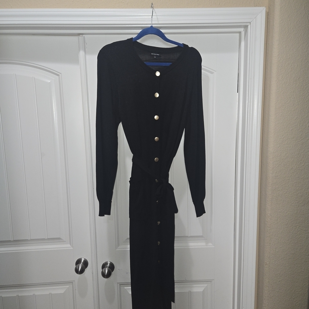 Who What Wear Black  knit Long Sleeve  belted Dress with Gold Buttons Size L EU